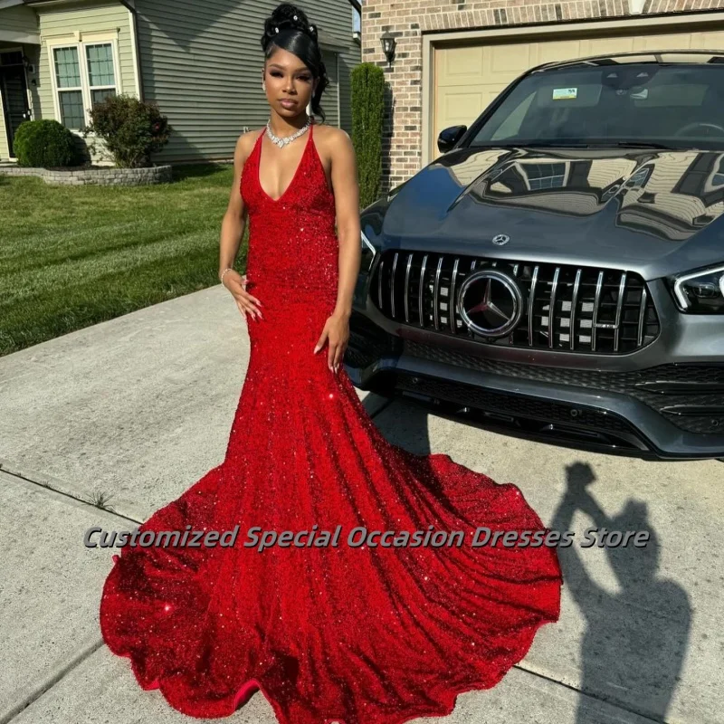 Sparkly Sequined Red Prom Dresses For Black Girls Halter Long Evening Party Gowns Handmade Crystals Birthday Dress Customized