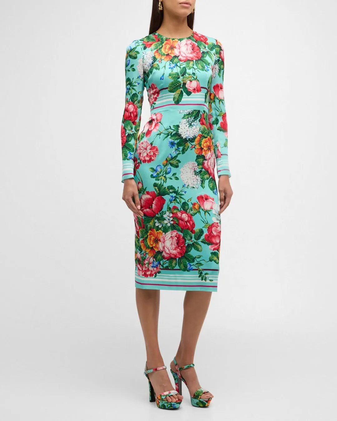 

Luxury Designer Inspired Women Floral Stripe-Print Long-Sleeve High Quality Silk Midi Dress