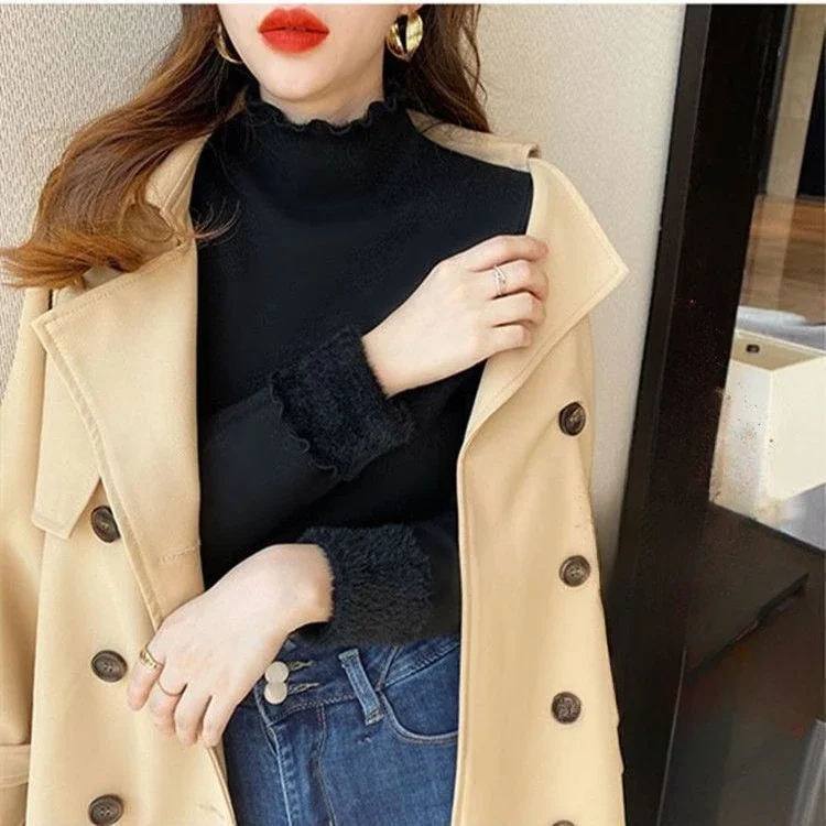 2024 Korean Padded Thickened Bottoming Shirt Female Fall and Winter New Half-high Neck Warm Hundred T-shirt Tops