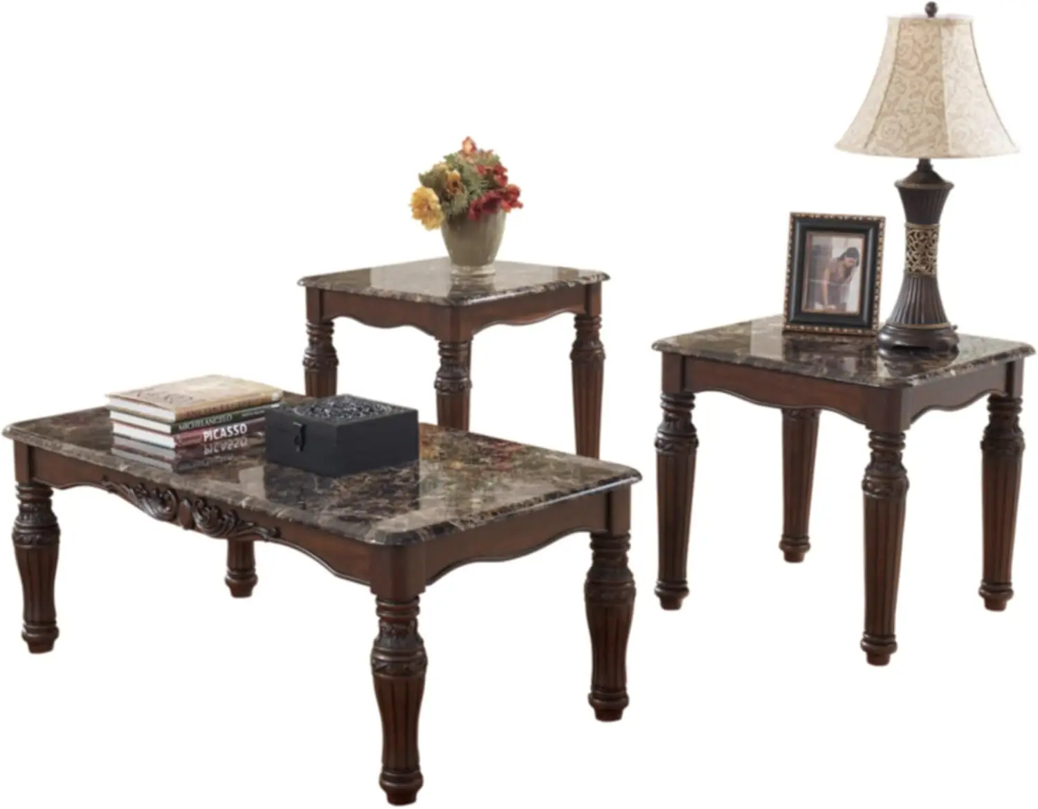 

North Shore Traditional Faux Marble 3-Piece Table Set, Includes Coffee Table and 2 End Tables, Dark Brown