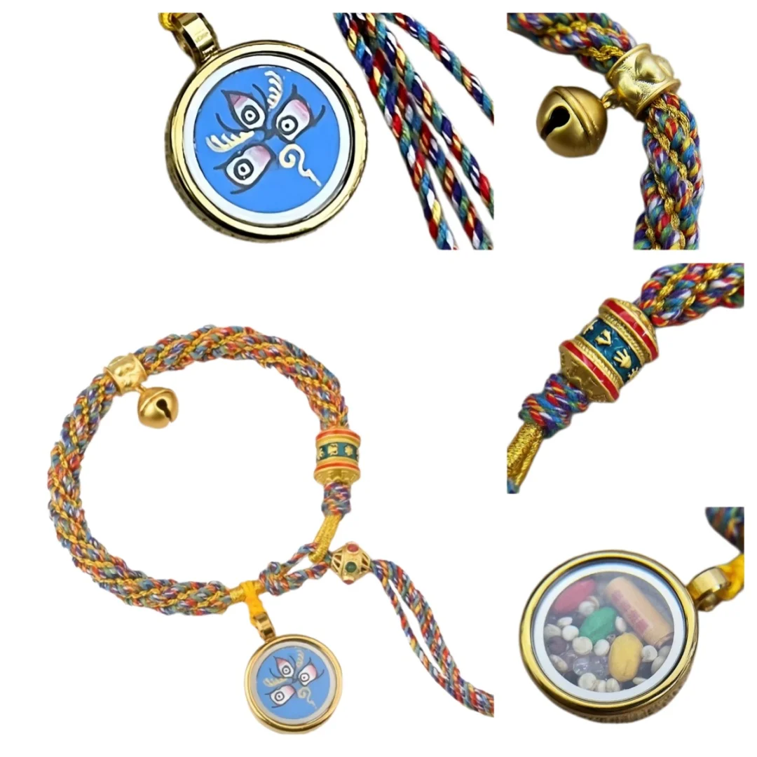 Tibetan Hand Painted Brass Black Jambhala Thangka Bracelet Prayer Wheel Zodiac Year Lucky Protection Rope
