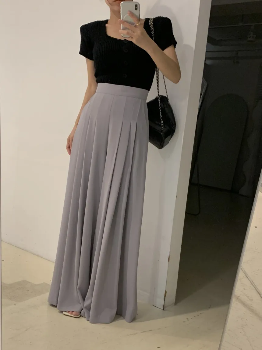 

Chic Pleated Casual Pants Women's Loose Slimming Elastic Waist High Waist Polyester Long Trousers Wide Leg Skirt Pants