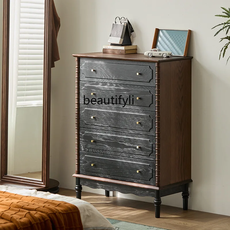 

French Retro Solid Wood Living Room Chest of Drawers Entrance Small Apartment Bedroom Bedside Bed End Cabinet