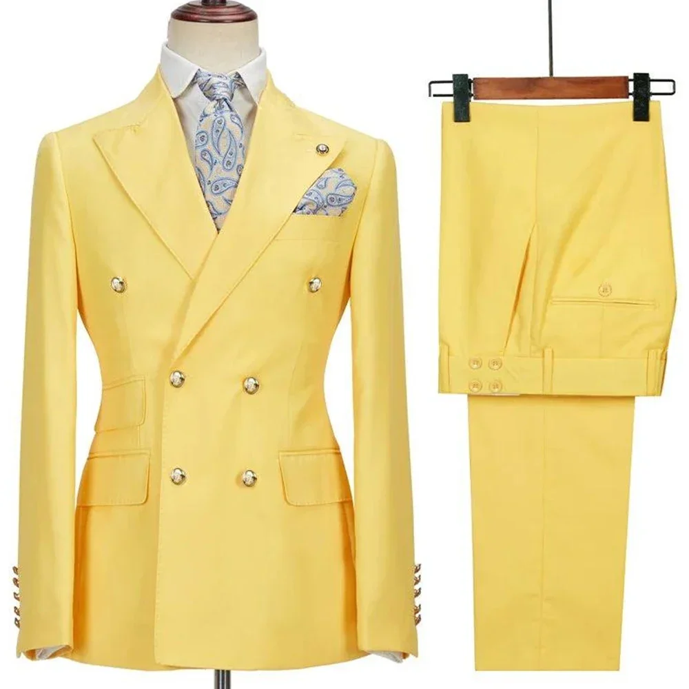 

Blazer Hombre Yellow Suits for Men Chic Terno Double Breasted Peak Lapel Elegant Wedding Full Set Male 2 Piece Jacket Pants