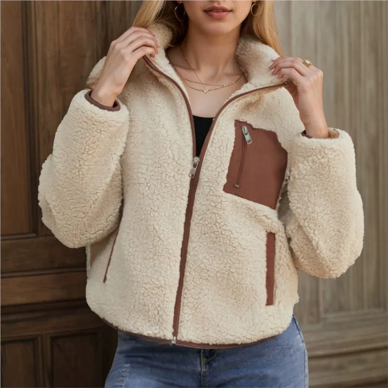 Women Fleece Jacket Coats Stand Collar Full Zip Long Sleeve Contrast Pocket Warm Casual Loose Coat Lady Autumn Winter Outerwear