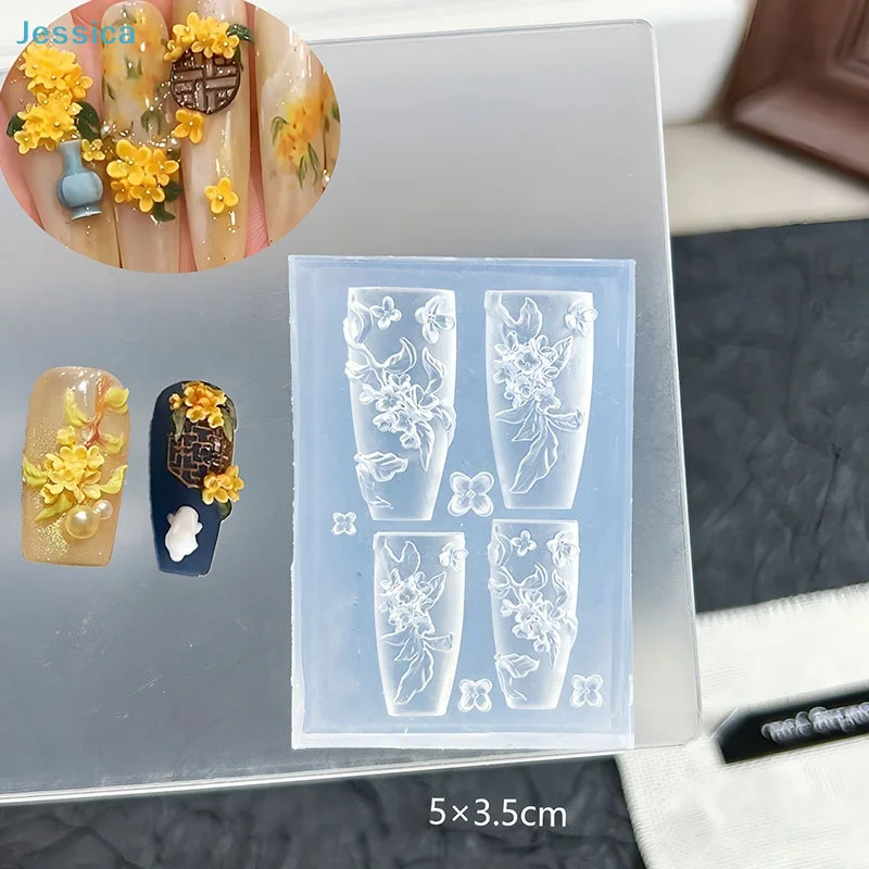 ♥ Molde de silicona 3D para uñas, plantilla de manicura transparente con diseño de hoja de rosa y concha de medusa marina con lazo
