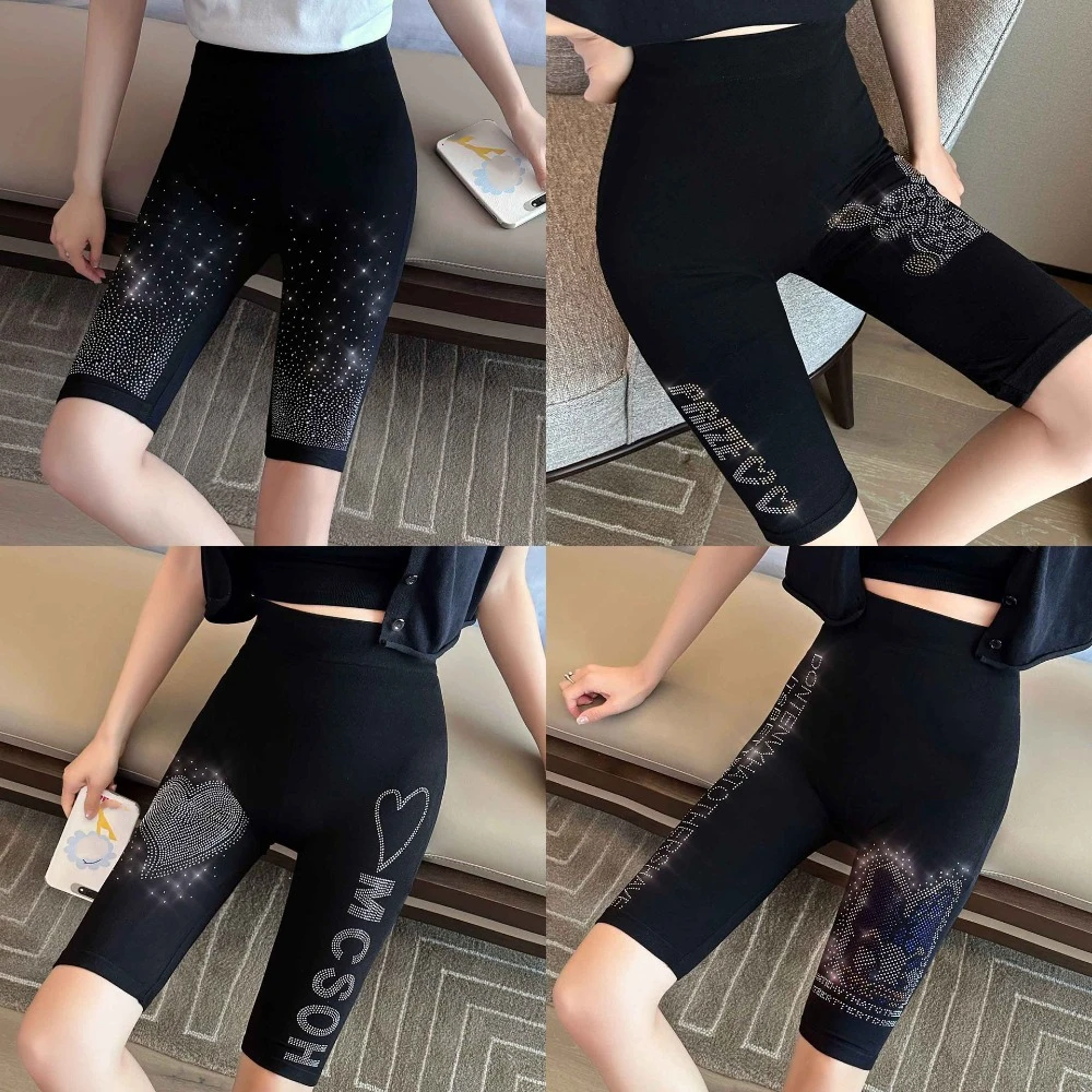 Leggings negros con diamantes de imitación para mujer, mallas con letras de circón, pantalones cortos de Yoga de cintura alta, hasta la rodilla, pantalones cortos de elevación de cadera, Damas