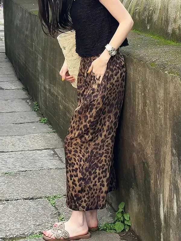 High Waist Wide Leg Nine-Tenths Length Commute Style Women's Pants Leopard Print Straight Cut Loose Slimming Effect