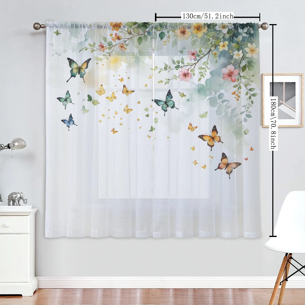 2Pcs Watercolor Style Floral And Ursula Butterfly Print Home Decoration Window Screens, Suitable For Restaurants, Bedrooms