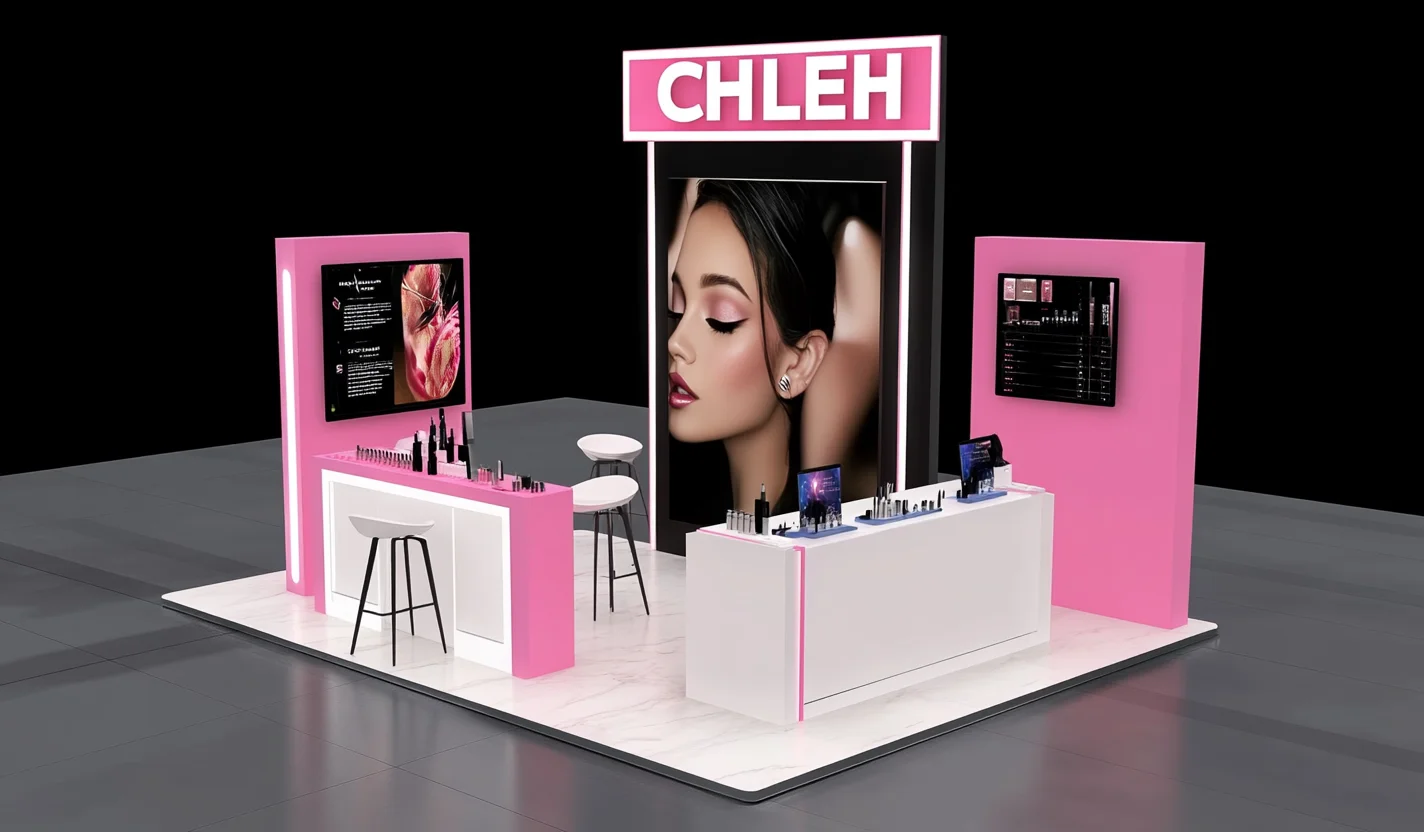 كشك المعرض المعياري الإبداعي SEG بإضاءة خلفية 10 × 10 عرض منتجات التجميل تخصيص كشك العرض التجاري