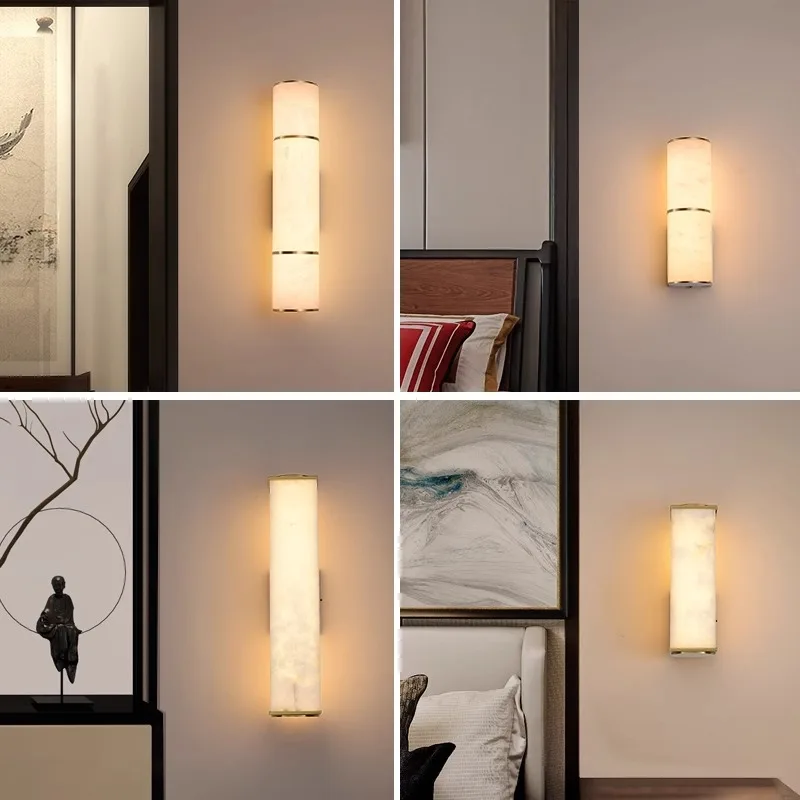 LED Long Tube Alabaster Wall Sconce Brass Frame Natural Onyx Wall Lamp for Bedroom Living Room Corridor Villa Indoor Home Decora