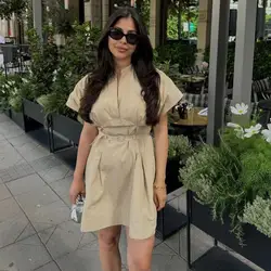 2024 Summer New Fashionable Women's European And American Style Versatile Series Pleated Waist Commuter V Neck Short Dress