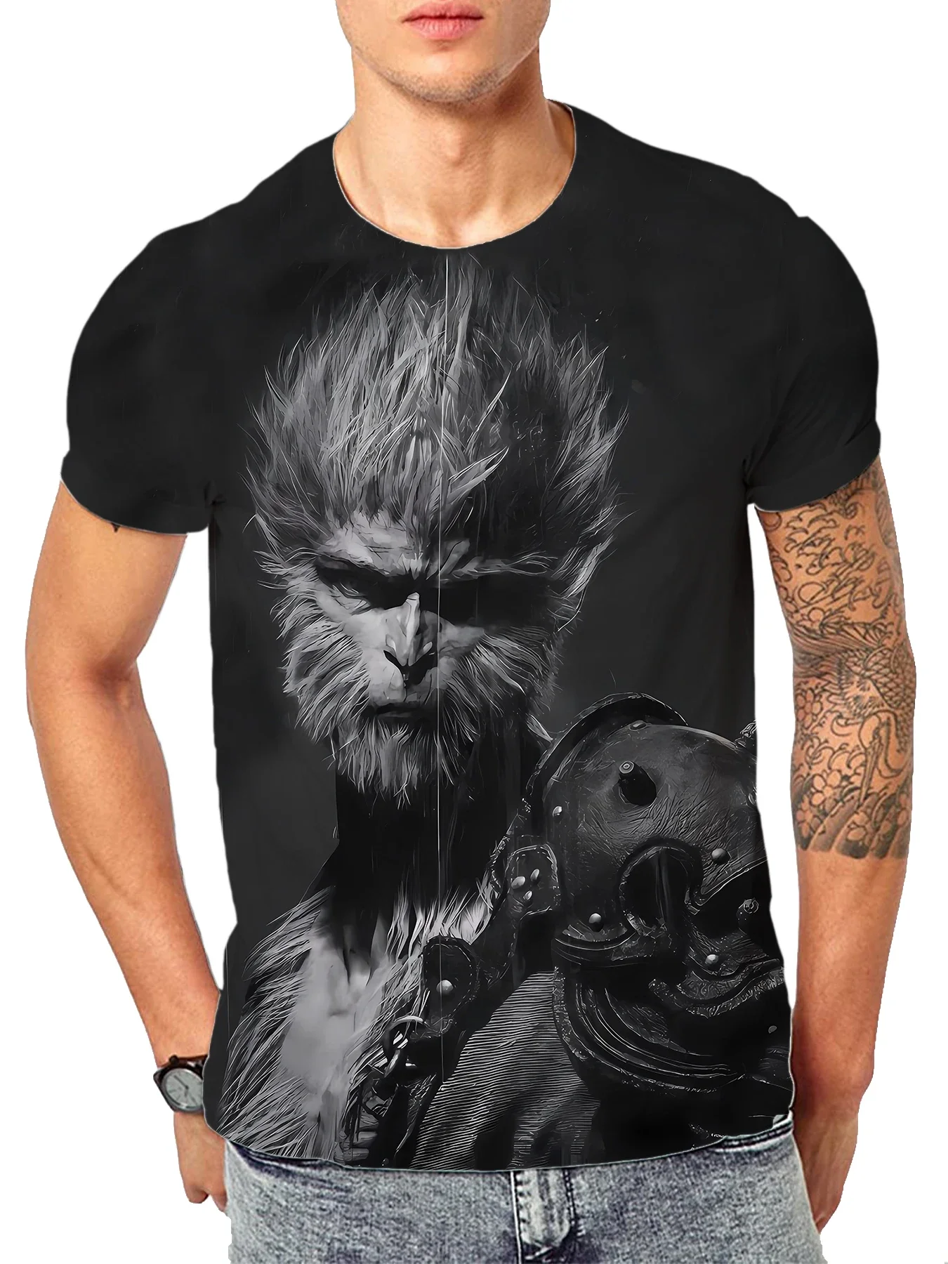 Game Black Myth Wukong Peripheral 3D Digital Print Men's T-Shirt, Summer Street Breathable Quick Dry Plus Size Short Sleeve Top