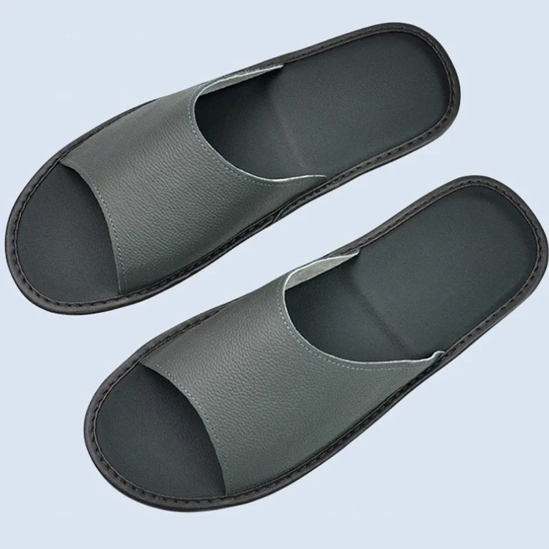 Genuine Cow Leather Slippers Homes in Indoor Slipper Summer Open Toe Sandals Men Women Elderly Casual Single Slides Shoes