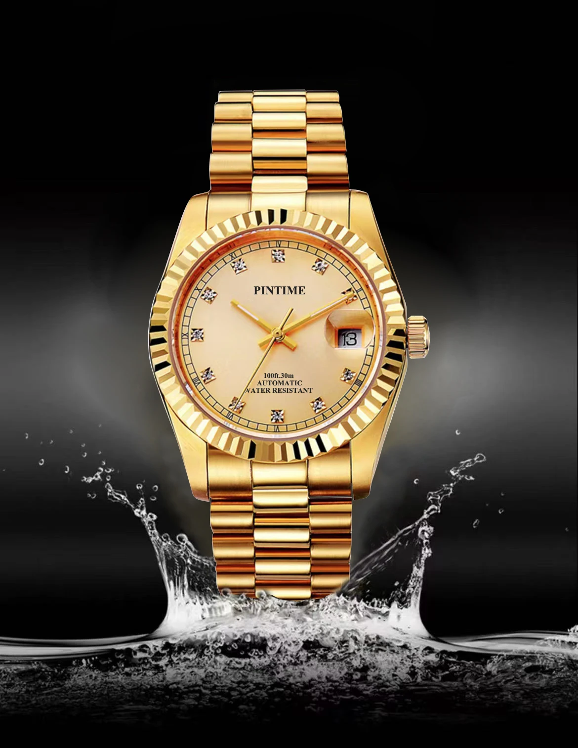 Classic all gold fashionable business waterproof calendar men\'s mechanical watch