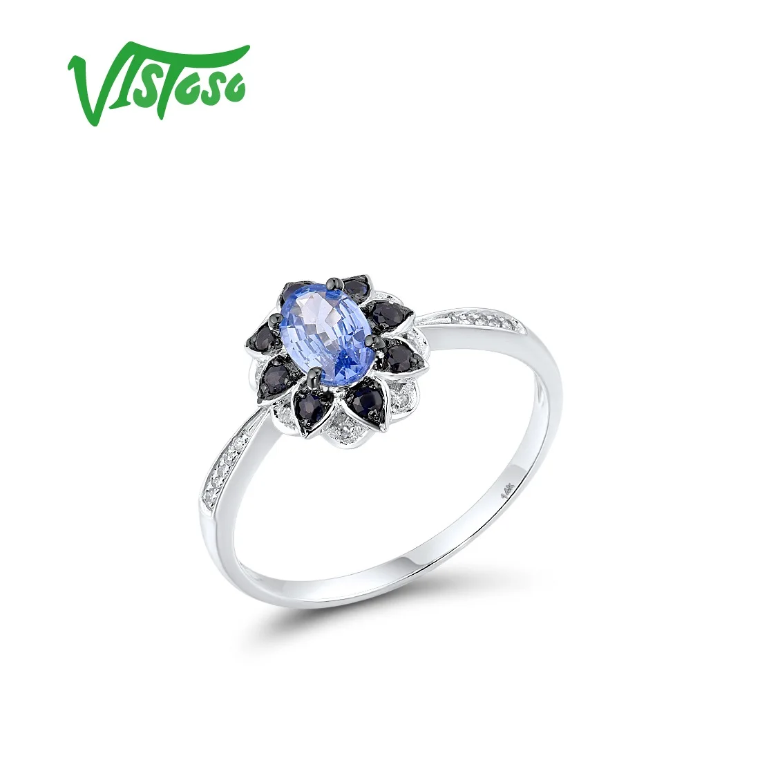 

VISTOSO Gold Ring For Woman Genuine 14K 585 White Gold Oval Ceylon Sapphire Diamond Elegant Blue Flower Gift Trendy Fine Jewelry