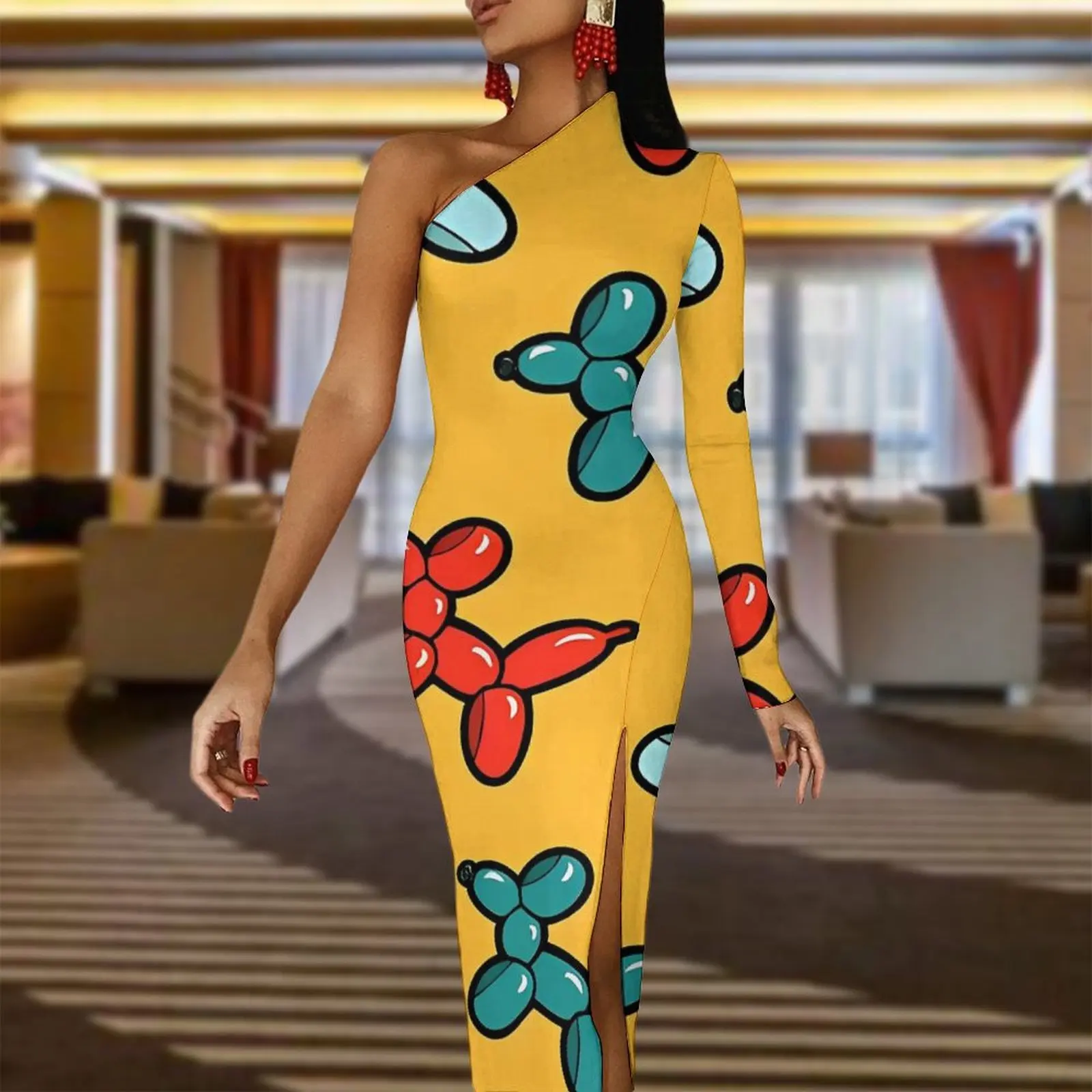 Balloon Dogs Maxi Dress One Shoulder Colorful Animal Party Bodycon Dresses Autumn Modern Dress Female Custom Clothing