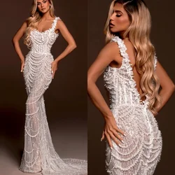 See Through Wedding Dresses Pearls Spaghetti Straps Bride Gown Backless Illusion Bridal Dress Custom Made Vestidos De Novia