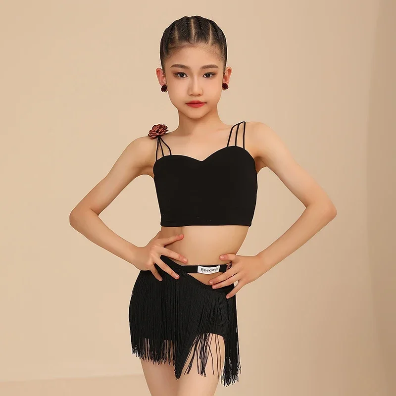 Tops Kwastje Korte Kwastje Rok Pak Cha Cha Oefenkleding 2025, Nieuw Kind Latin Danskostuum Set voor Meisjes Zomer Zwarte Band