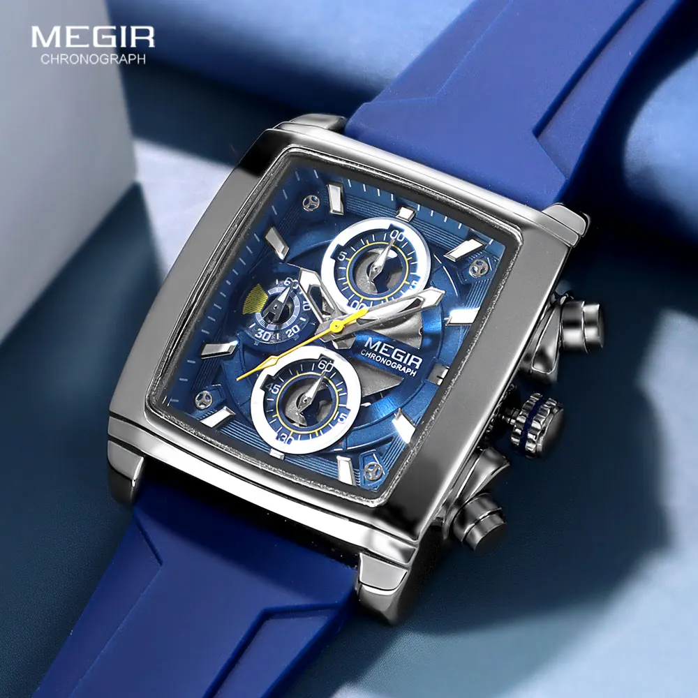 

MEGIR Casual Sport Watch for Men Fashion Waterproof Chronograph Quartz Wristwatch with Luminous Hands Blue Silicone Strap Date