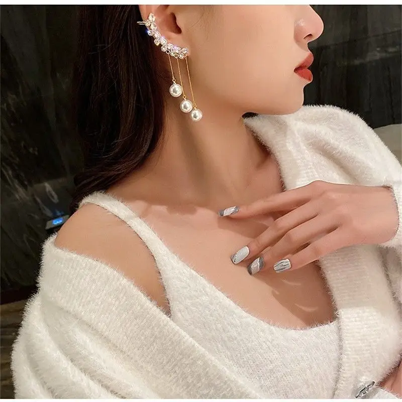 New Crystal Pearl Drop Earrings with Bling  Cubic Zirconia Temperament Women Ear Clip High Quality Gold Color Trendy Jewelry