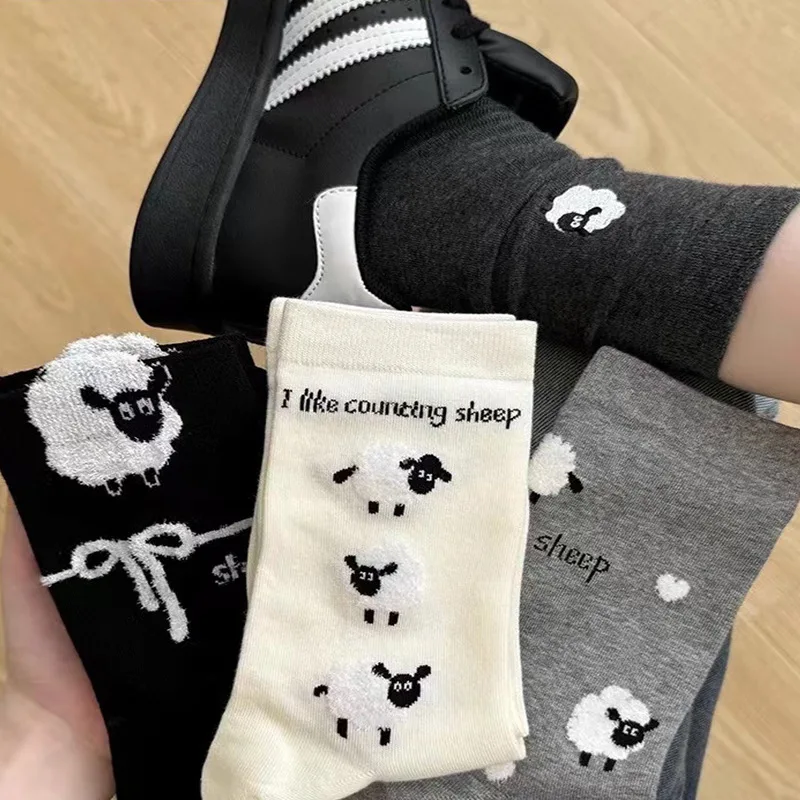 1 Pair Autumn Shaun-the-Sheep Socks Cartoon Animal Cute Sheep Socks Girls' Warm Cotton Lamb Pattern Socks Women's Christmas Gift