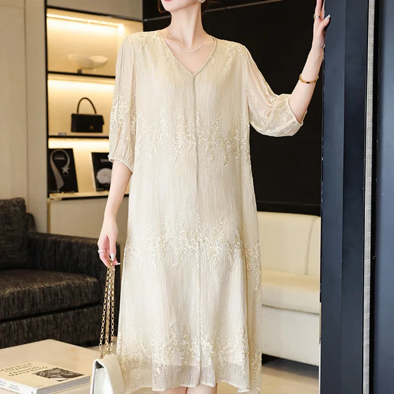 

Large Size Silk Dress for Women, High-end Mulberry Silk Long Dress, Loose, Large Size, Summer