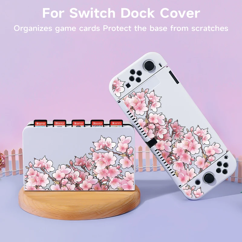2 Pcs Peach Blossom Powder  Theme Pattern Protective Case with Base Cover Set for Switch OLED/Switch NS, Can Store 5 Game Cards