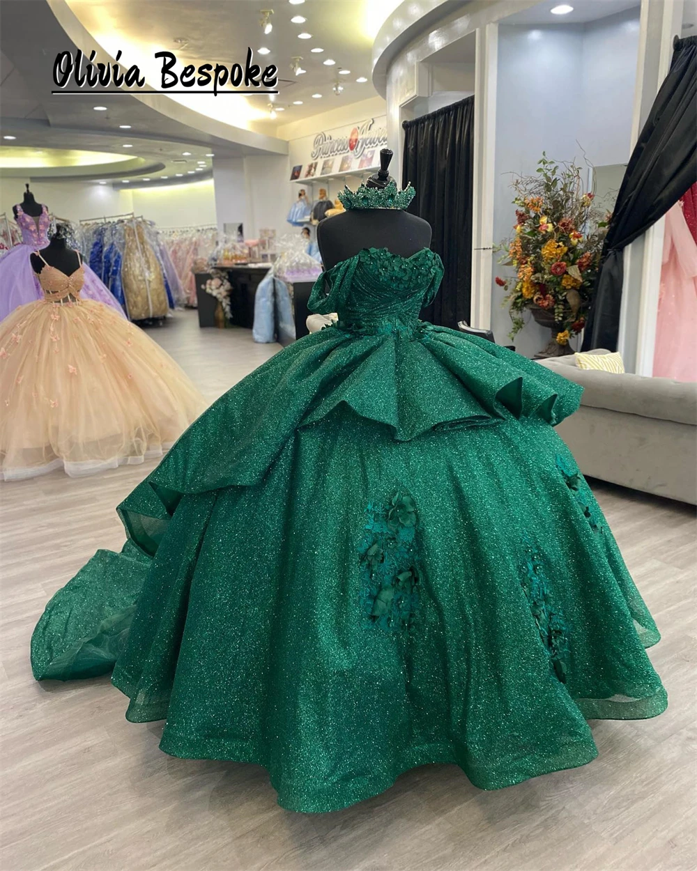 Excellent Dark Green Appliques 15 Years Old Quinceanera Dresses Beads Off The Shoulder Ball Gown Ruffle Mexican Cinderella Dress