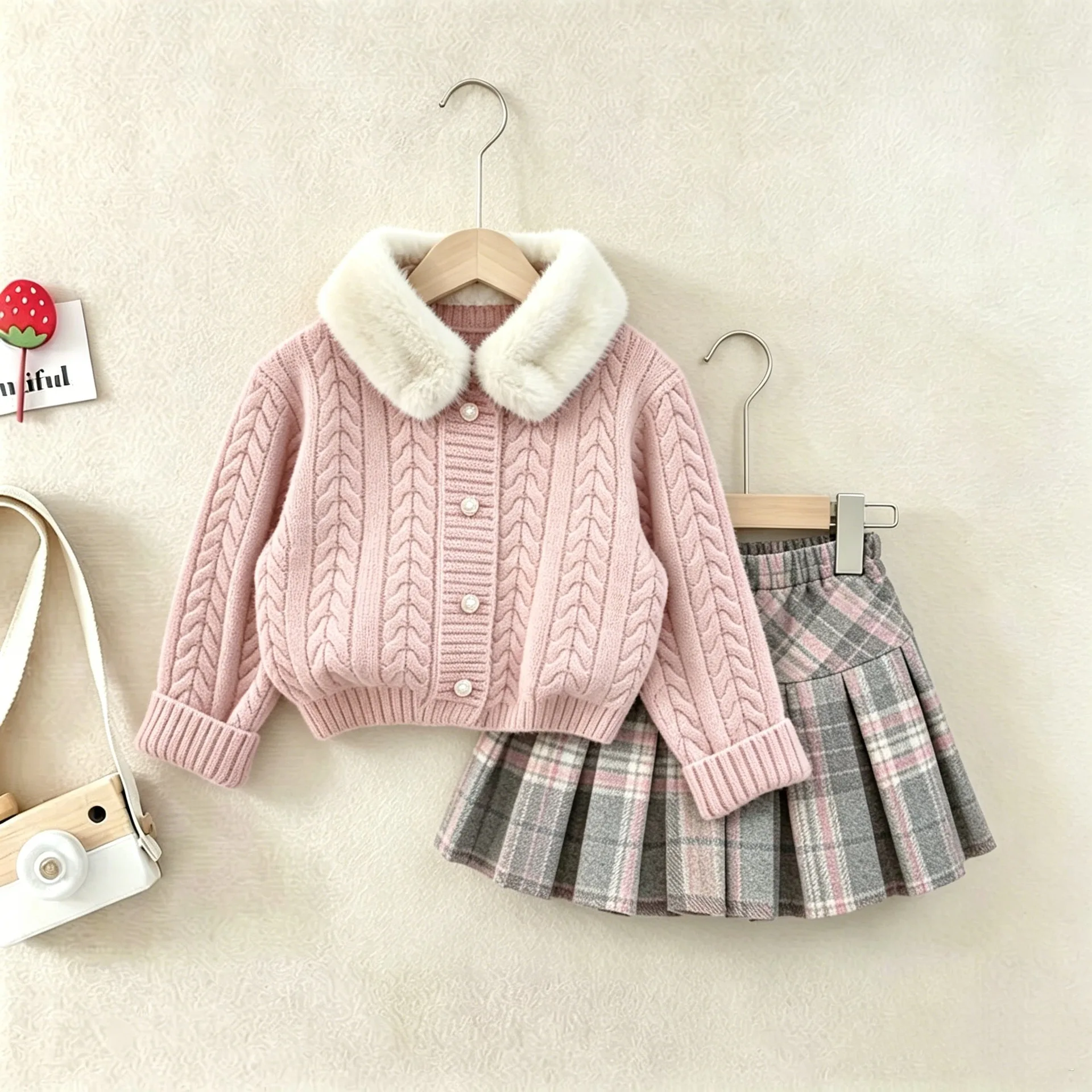 Toddler Girl Clothes Set Faux Fur Collar Knit Cardigan Sweater & Plaid Pleated Skirt Woolen 2pcs Preppy Style Outfit Fall Winter