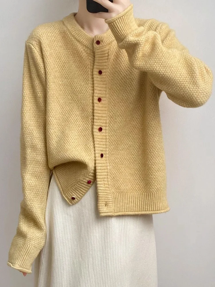 

Lazy Wind Yellow Cardigan Women Cute O Neck Long Sleeve Retro Knitted Sweaters Casual Simple Female Fall Winter Sweet Tops Coat