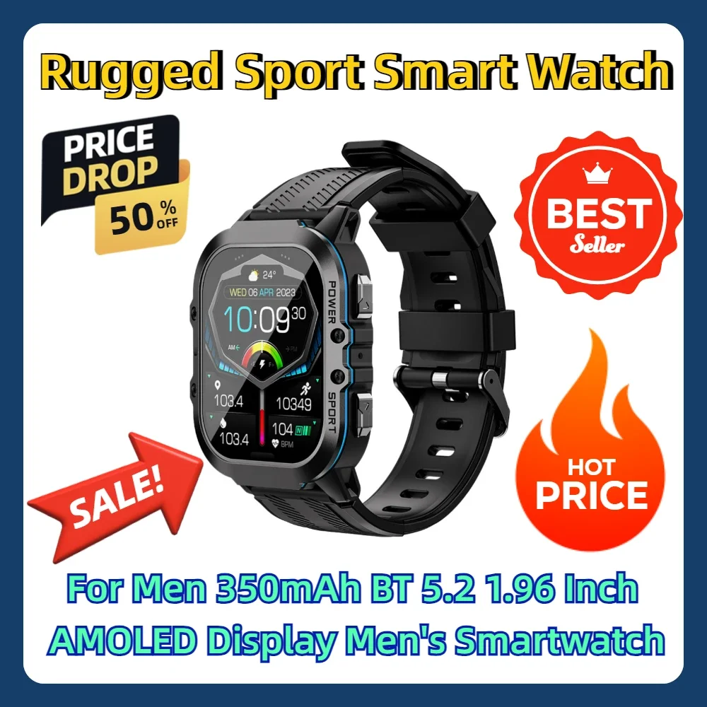 For Men 350mAh BT 5.2 1.96 Inch AMOLED Display Men's Smartwatch Rugged  Sport Smart Watch