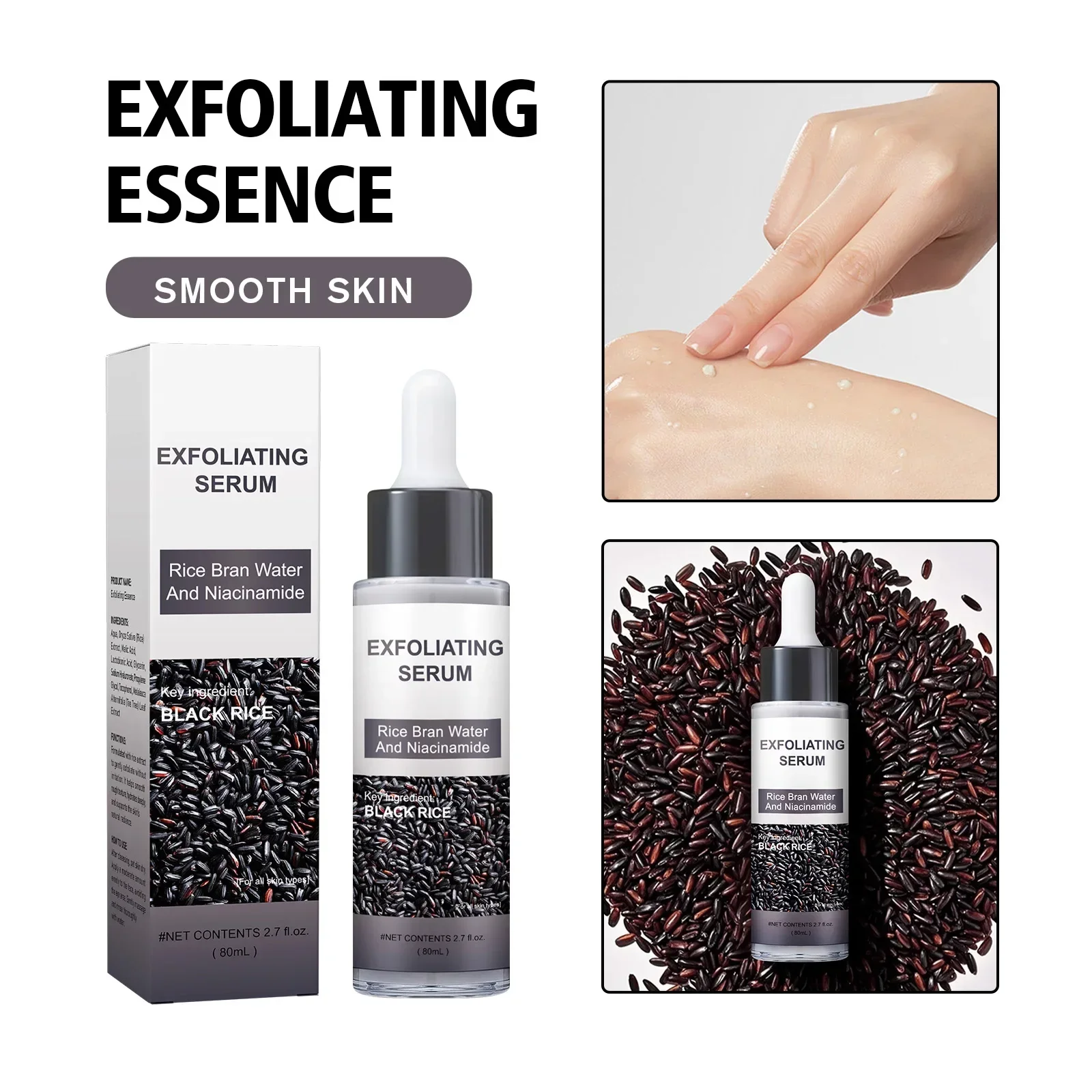 Black Rice Face Serum 80ml - With Rice Bran Water, Niacinamide & Lactic Acid. Gently Exfoliates, Reduces Blackheads & Brightens.