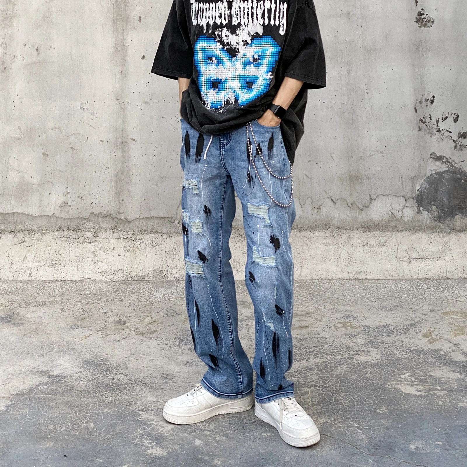 

Vintage Jeans Men Ripped Hole Straight Denim Pants High Street Harajuku Casual Trousers Oversized Streetwear Couple Spring Fall