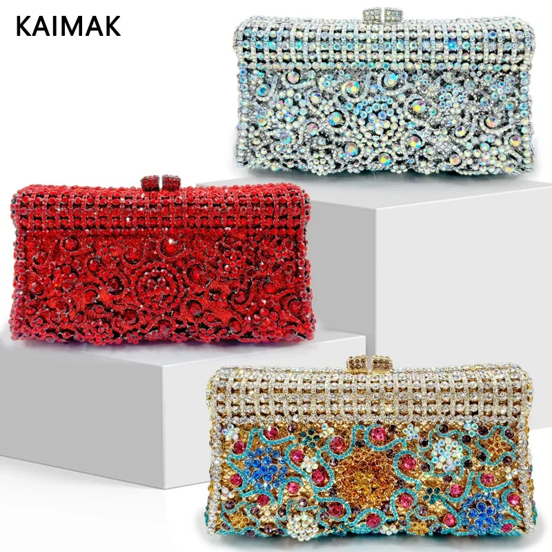 Handmade Evening Party PU Leather Fashion Ladies Clutch Bag Stone Pattern Crystal Diamond Flower Heart Decorations Chain Strap