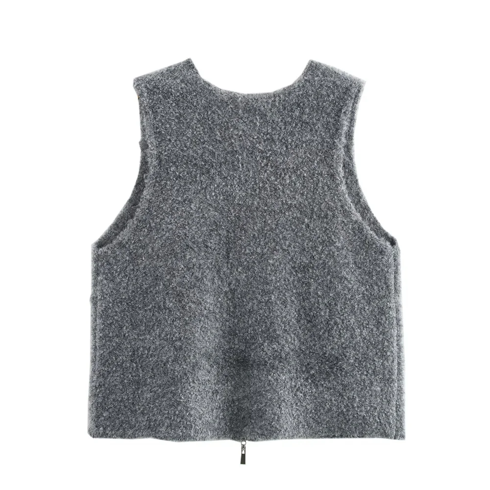 Women's Round Neck Double Zipper Sleeveless Knitted Sweater Spring New Solid Color Temperament Loose Vest
