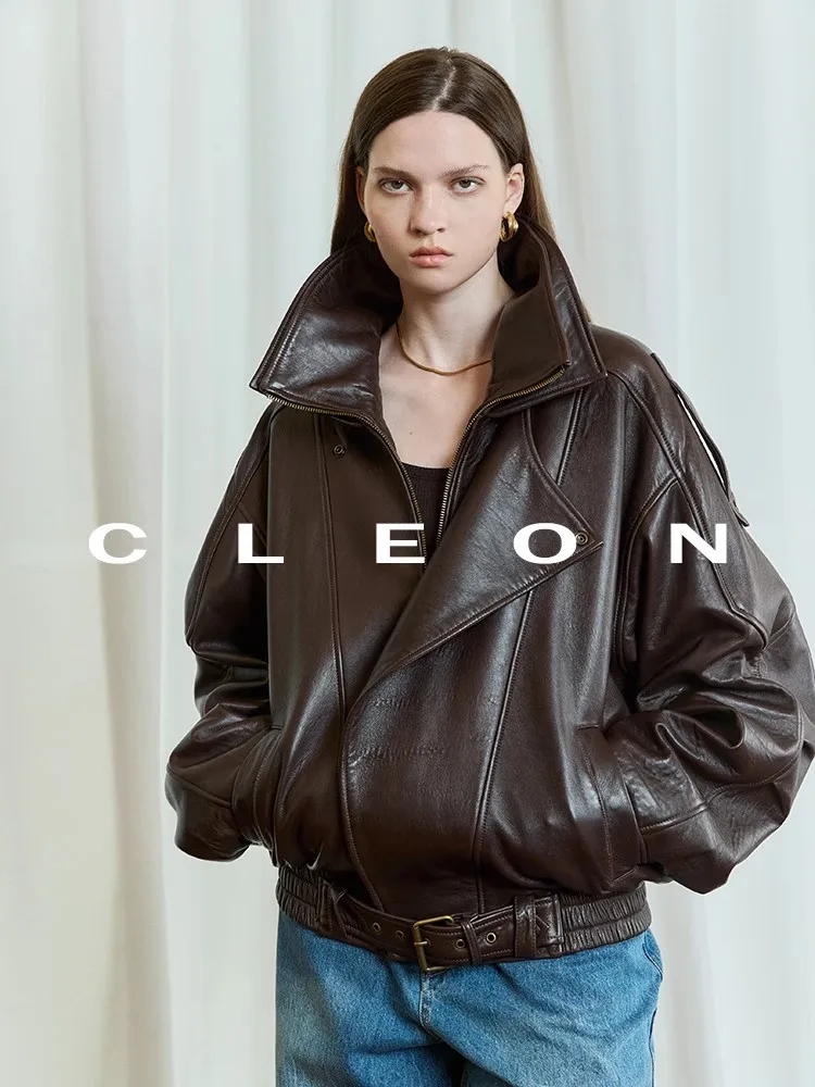 Lautaro Autumn Brown Oversized Pu Leather Moto & Biker Jacket Women  Long Sleeve Zippper High Quality American Retro Clothing