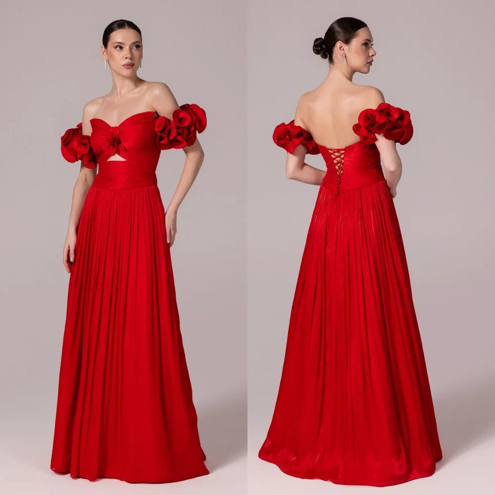 

Customized Pleat Handmade Flower Temperament A-line Off the Shoulder Long Dresses Bespoke Occasion Elegant Party Wedding Formal