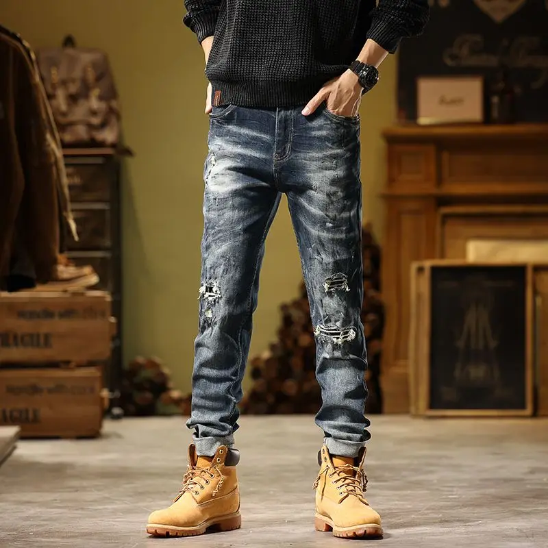 

New Worn Fashionable Scraped Retro 2023 Autumn Men's Jeans Slim Fit Fashionable Feet beggar Ripped Demin jeans