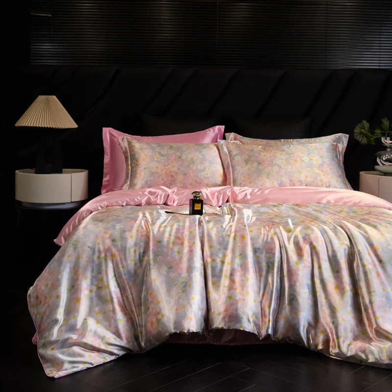 4pcs 2026 New Bedding Set Pink Purple Upgraded High-Quality Fabric Washed Ice Silk Print Skin-friendly Soft for Home Bedroom