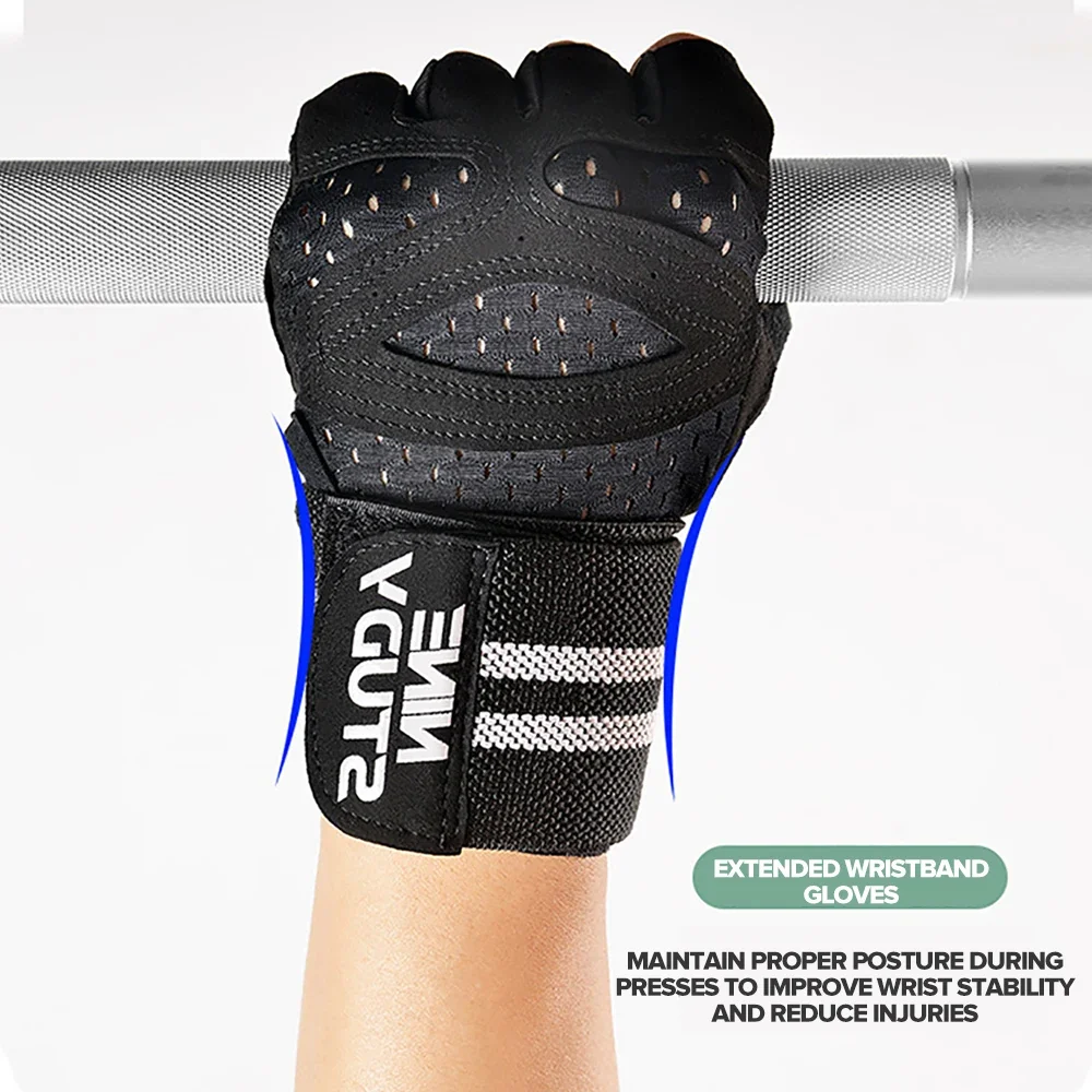 1 Pair Gym Fitness Gloves with Wristbands Straps Weight Grip Gloves Wrist Brace Protector Anti-Skid WeightLifting Pad Breathable