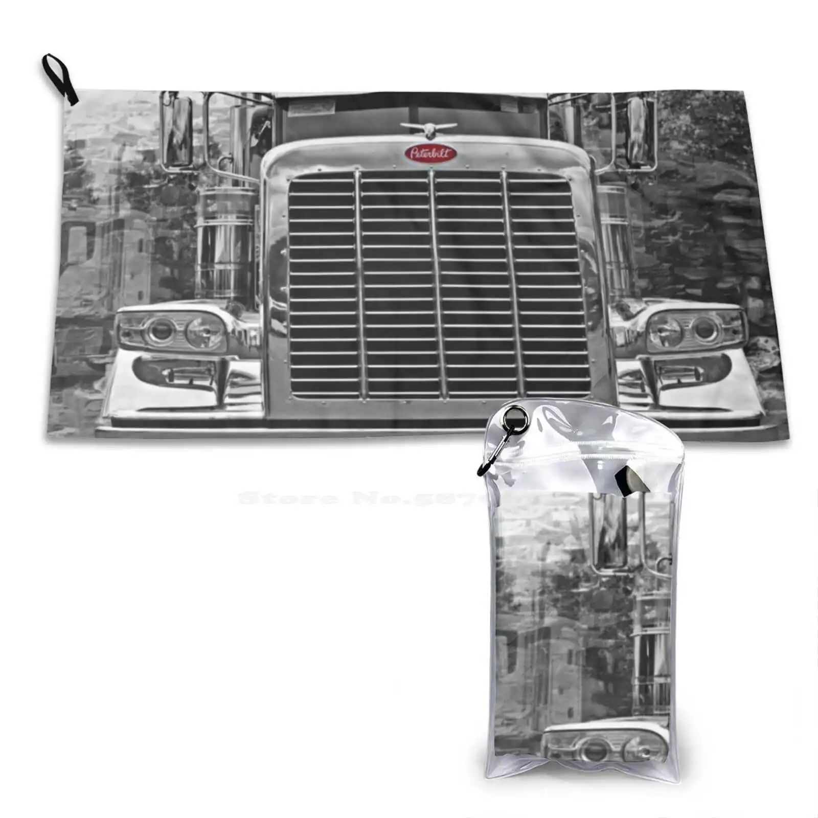 Peterbilt B&W Front View 3D Print Pattern Towel Soft Towel Big Rigs Semi Trucks Trailer Tractors Peterbilt Kenworth Custom