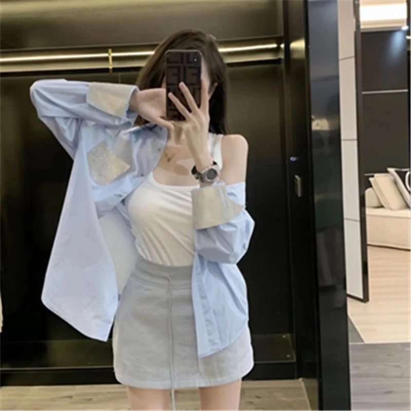 

Blue Sve irt Women's Loose Long Sve Autumn New Sle Ele Faion Chinese Brandl Premium Quali irt