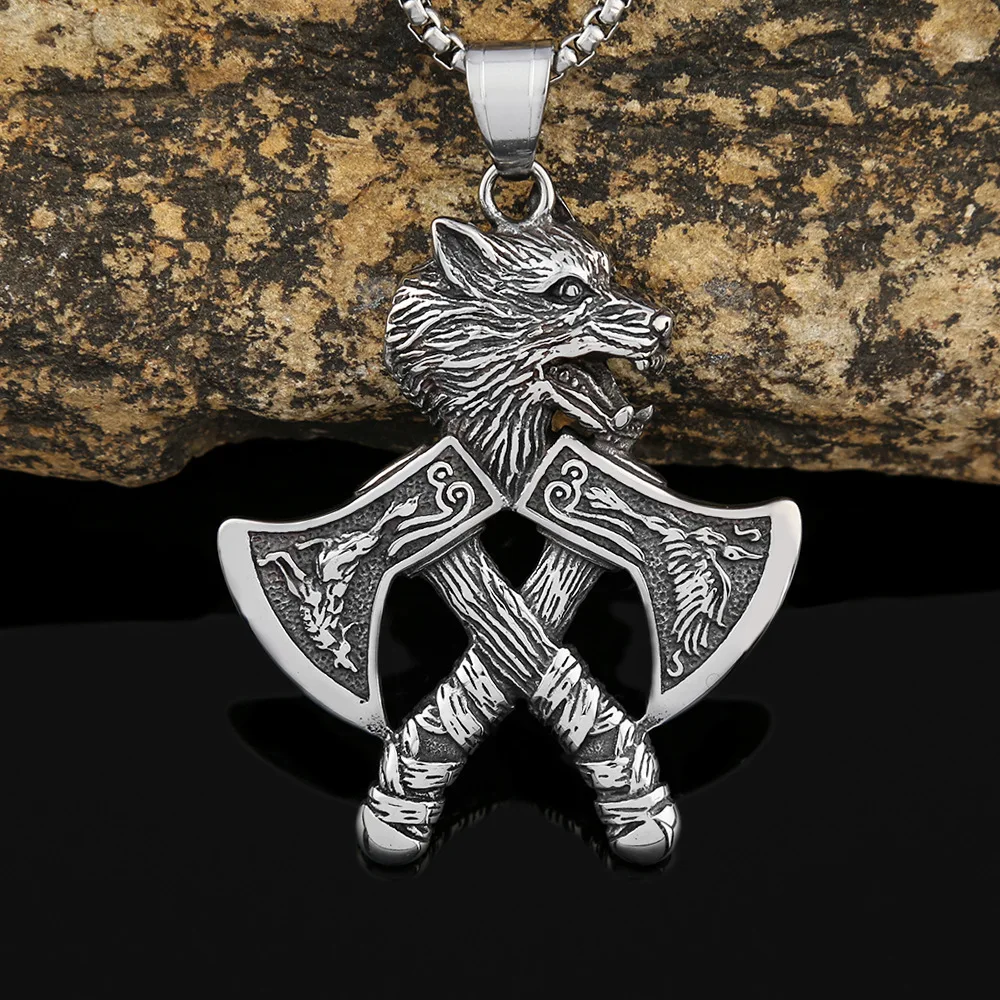 100pcs/lot wholesale stainless steel double axe wolf head pendant for men's domineering and versatile titanium steel necklace in