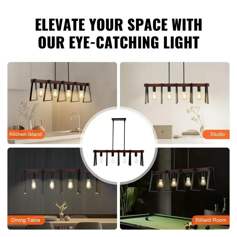 

4-Light Kitchen Island Pendant Lights, 60W, Adjustable Dining Room Light Fixture with 2 x 6'' and 6 x 12'' Rods, Industrial Metal Frame Farmhouse Linear Chandeliers Lighting for Dining Room, E26