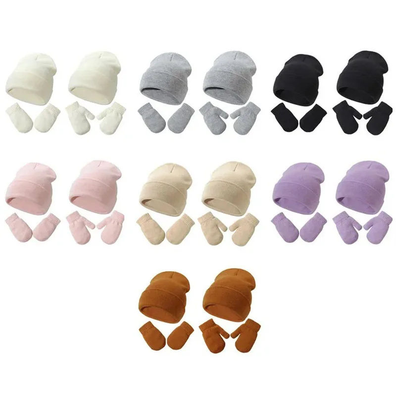 Winter Warm Hat Gloves Set Toddler Solid Color Kids Knit Bonnet for Boys Girls Baby Fall Cap Newborn Infant woolen Beanies hats