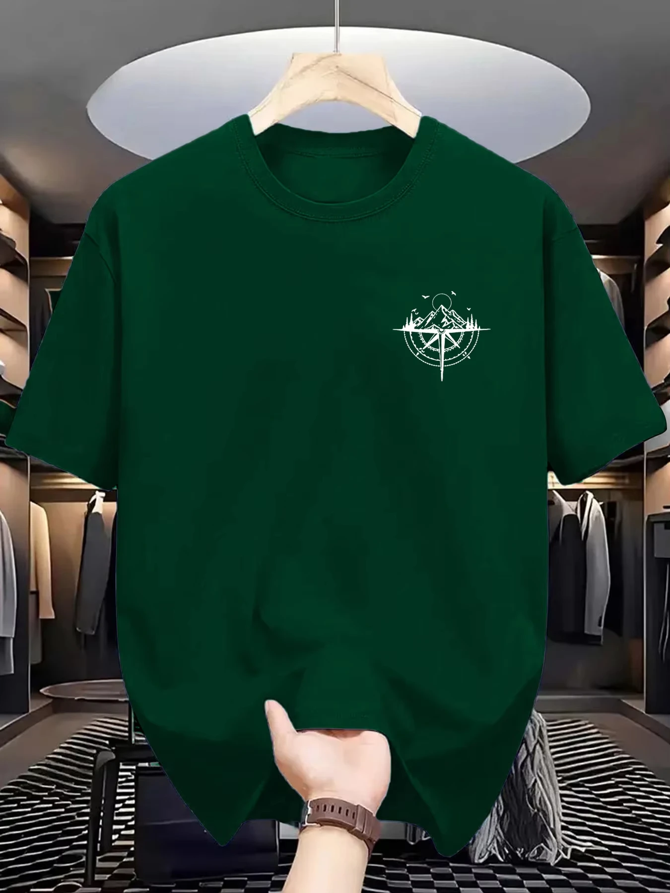 Sommer-T-Shirt für Herren aus 100 % Baumwolle mit Mountain Compass-Grafikdruck, lässig, locker, sportlich, bequem, Rundhalsausschnitt, kurzärmelig – Detail 6