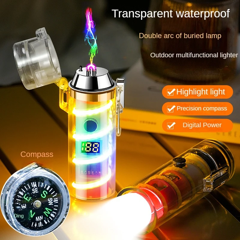 Double arc lighter with ambient light, outdoor lighting, with compass, multifunctional emergency flashlight and lighter in one,