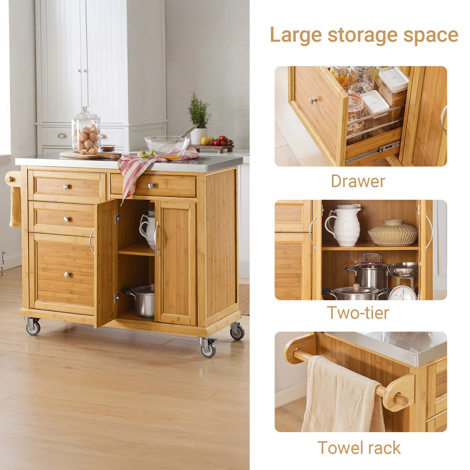 SoBuy FKW70-N Kücheninsel auf Rollen mit Edelstahl-Arbeitsplatte und Schubladen, Barwagen Natur 115x92x46cm – Detail 6