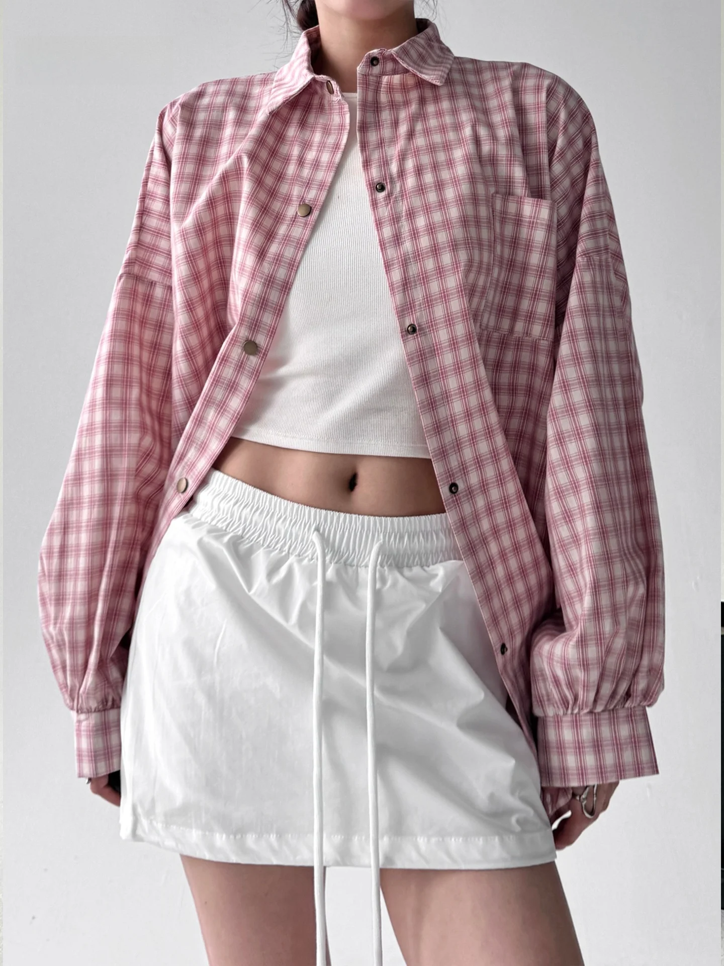 

Summer 2025 Women's Plaid irt Casual Vaion Loose Slimming Top Polyester Cotton Blend Long Sve Collar Midi Length